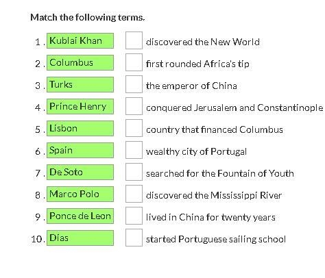 Hello! I need help with this history question. :( Match the following terms.-example-1