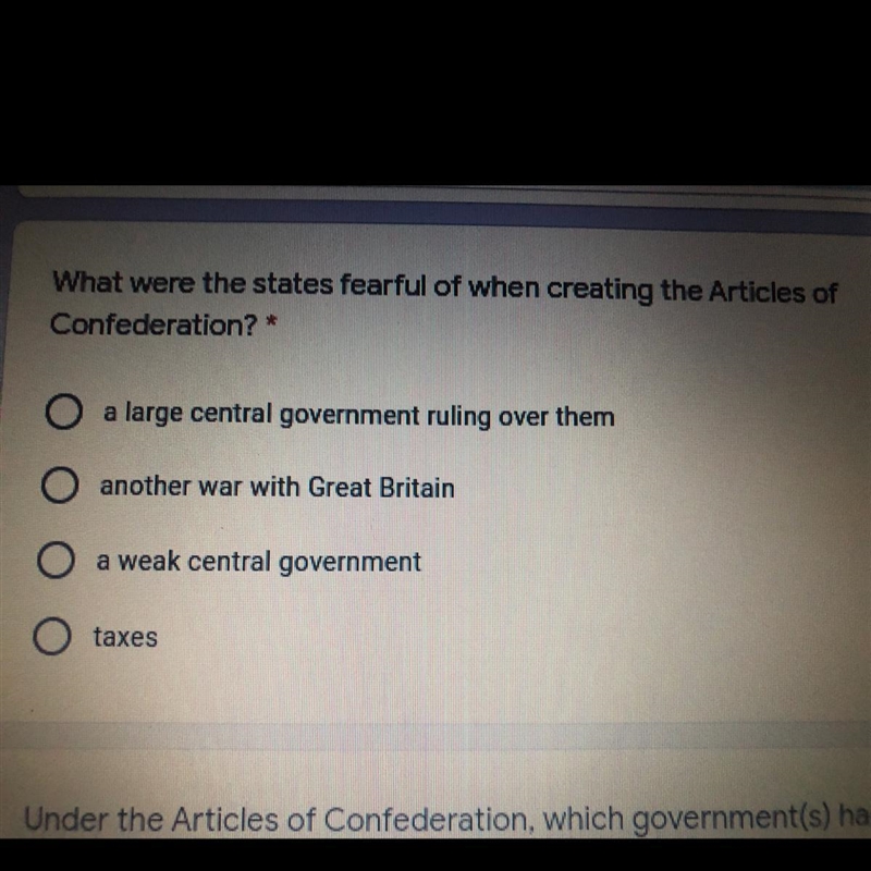 What were the states fearful of when creating the Articles of Confederation?-example-1