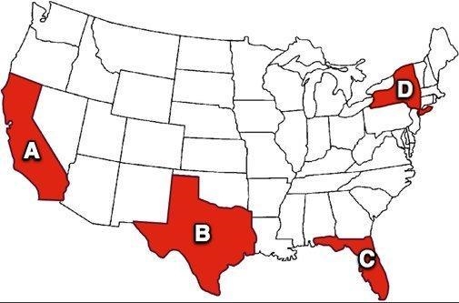 The states shaded in red- California, Texas, Florida, and New York- have seen strong-example-1