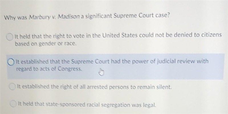 Why was Marbury v. Madison a significant Supreme Court case? ( Answer choices in picture-example-1