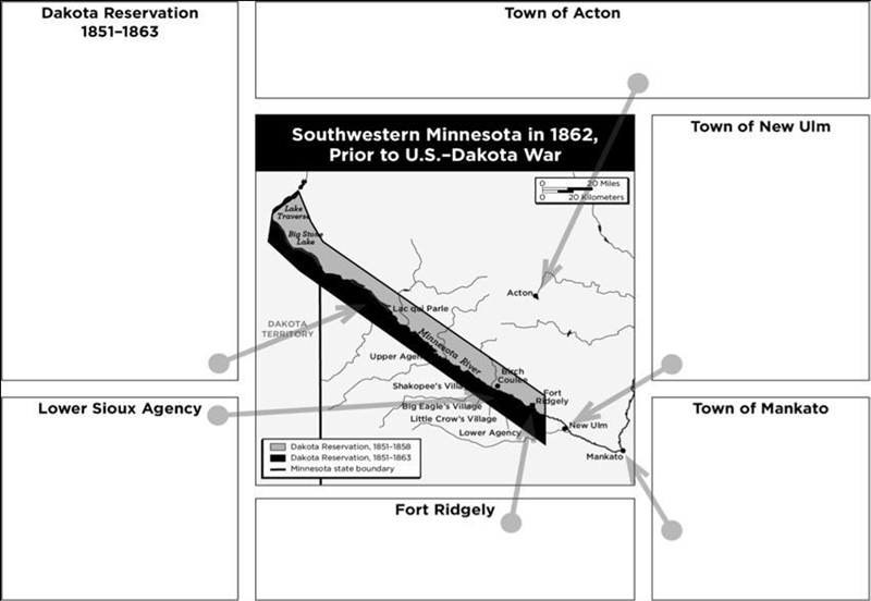 The map shows sites that were significant to the U.S.–Dakota War of 1862. In each-example-1