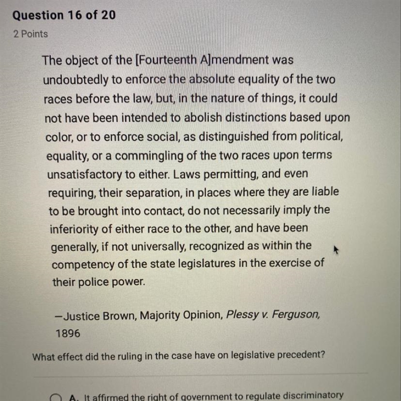 What effect did the ruling in the case have on legislative precedent? O A. It affirmed-example-1