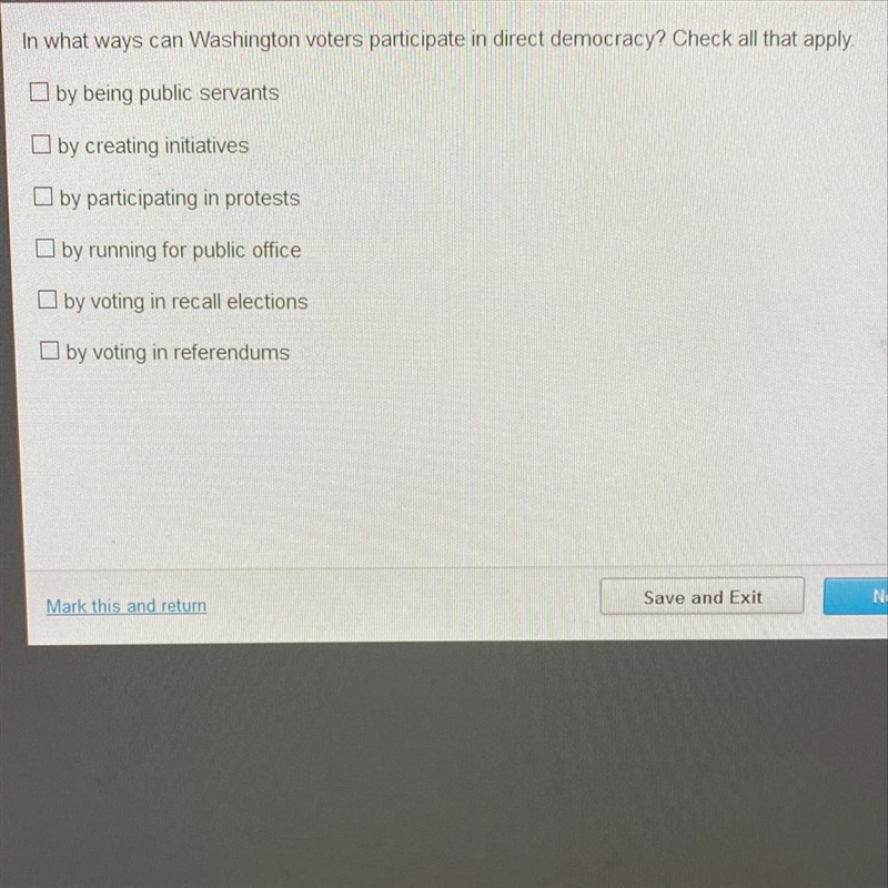 In what ways can a Washington voters participate in direct democracy? Check all that-example-1