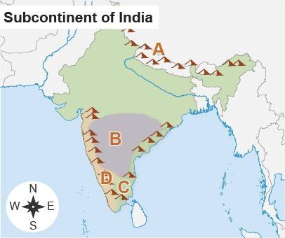 The map shows the Indian subcontinent. Which location on the map shows the Himalayan-example-1