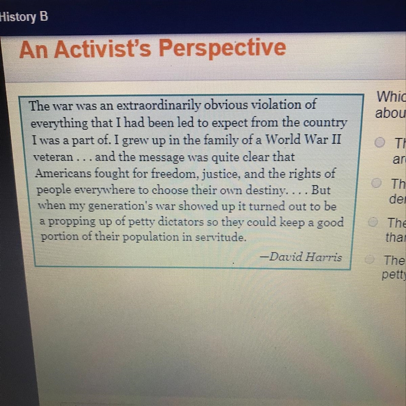 Which is the best summary of Harris's point of view about the war? .The Vietnam War-example-1