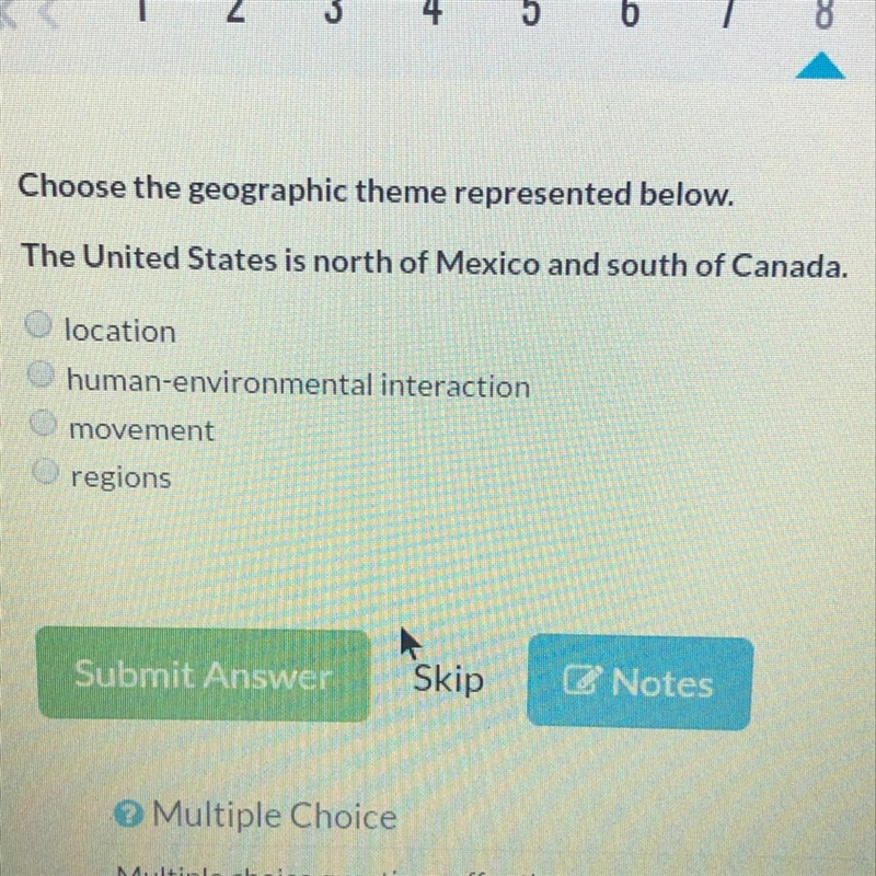 Choose the geographic theme represented below. The United States is north of Mexico-example-1