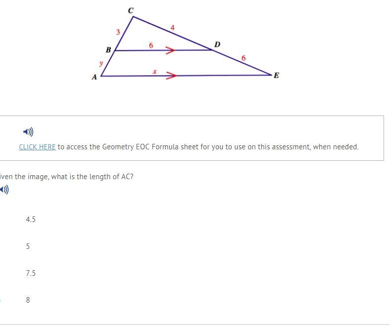 Given the image, what is the length of AC? A) 4.5 B) 5 C) 7.5 D) 8-example-1