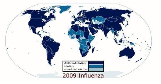 Use the following map showing the spread of the H1N1 pandemic in 2009 to answer the-example-1