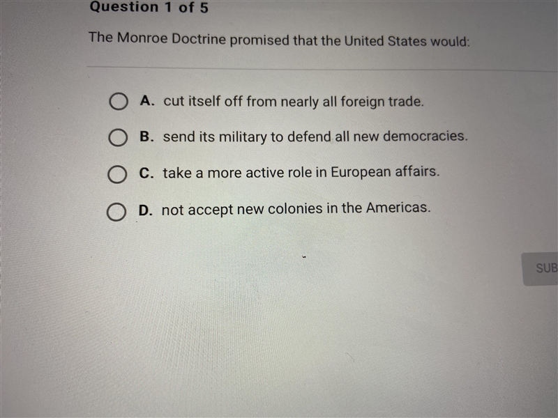 The Monroe doctrine promised that United States would:-example-1