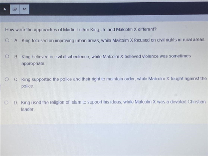 How were the approaches of Martin Luther king Jr. And Malcolm X different? Please-example-1