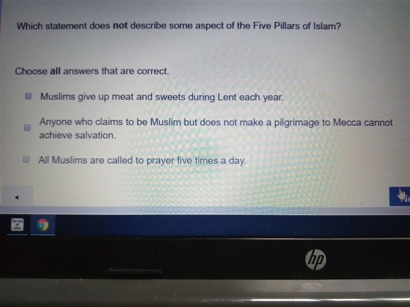 Which statement does not describe some aspect of Five Pillars of Islam?-example-1