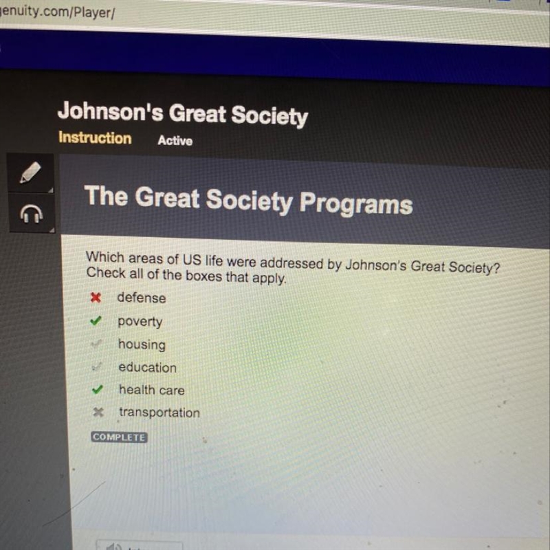 Which areas of US life were addressed by Johnson’s Great Society? Check all the boxes-example-1