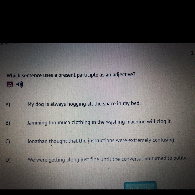 Which sentence uses a present participle as an adjective-example-1