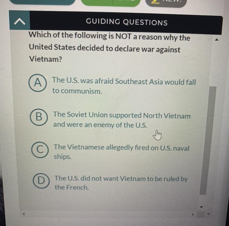 Which of the following is not a reason why the U.S decided to declare war in Vietnam-example-1