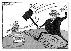 This political cartoon was published in 1980. A cartoon shows Leonid Brezhnev, wielding-example-1