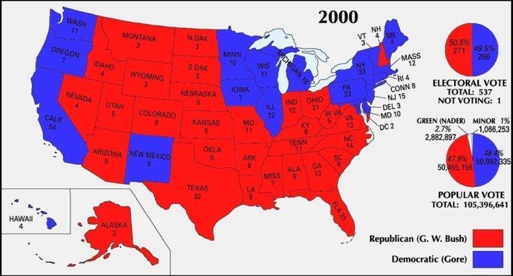 900 POINTS AND MARK. According to the 2000 Presidential Election Map, what was the-example-1