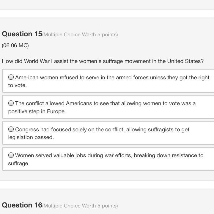 How did World War I assist the women's suffrage movement in the United States?-example-1