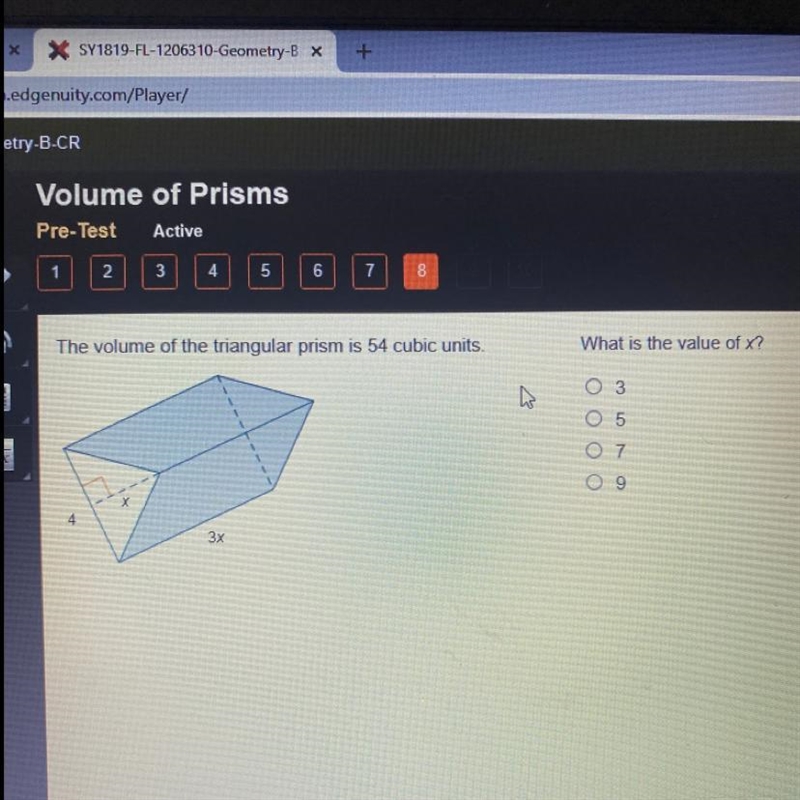 The volume of the triangular prism is 54 cubic units. What is the value of x? оооо-example-1