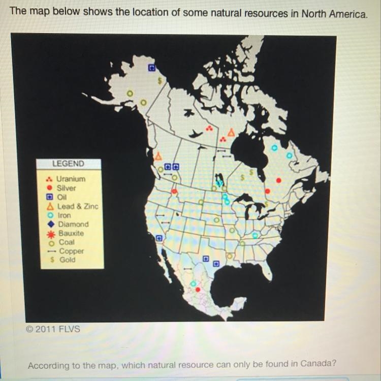 According to the map which resources can be found in only Canada Oil Silver Coal Uranium-example-1