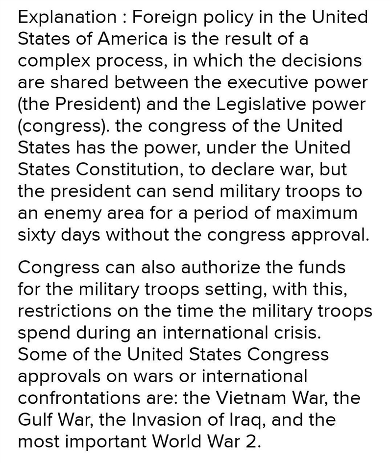 Which of the following illustrates a foreign policy duty of Congress?-example-1