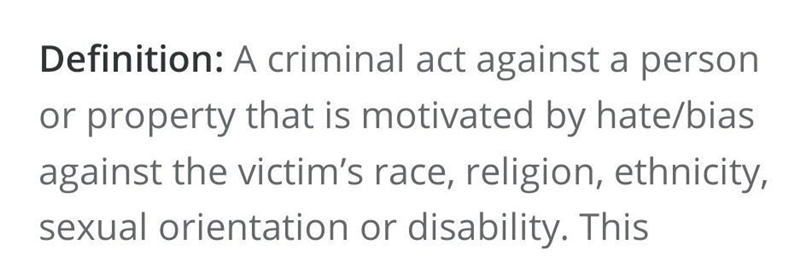 What term refers to criminal committed against people based on their race or religion-example-1