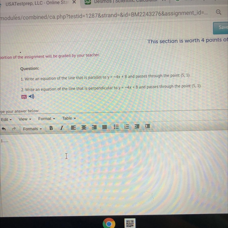 Question: 1. Write an equation of the line that is parallel to y = -4x + 8 and passes-example-1