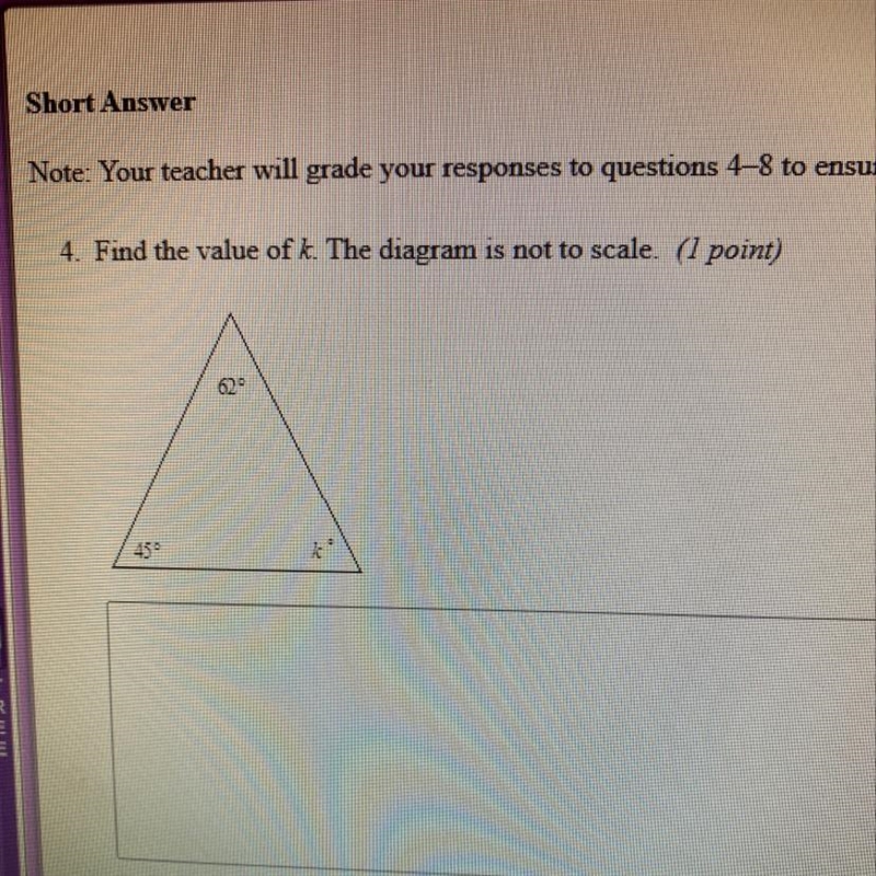 Find the value of K. The diagram is not to scale. Explain your answer.-example-1