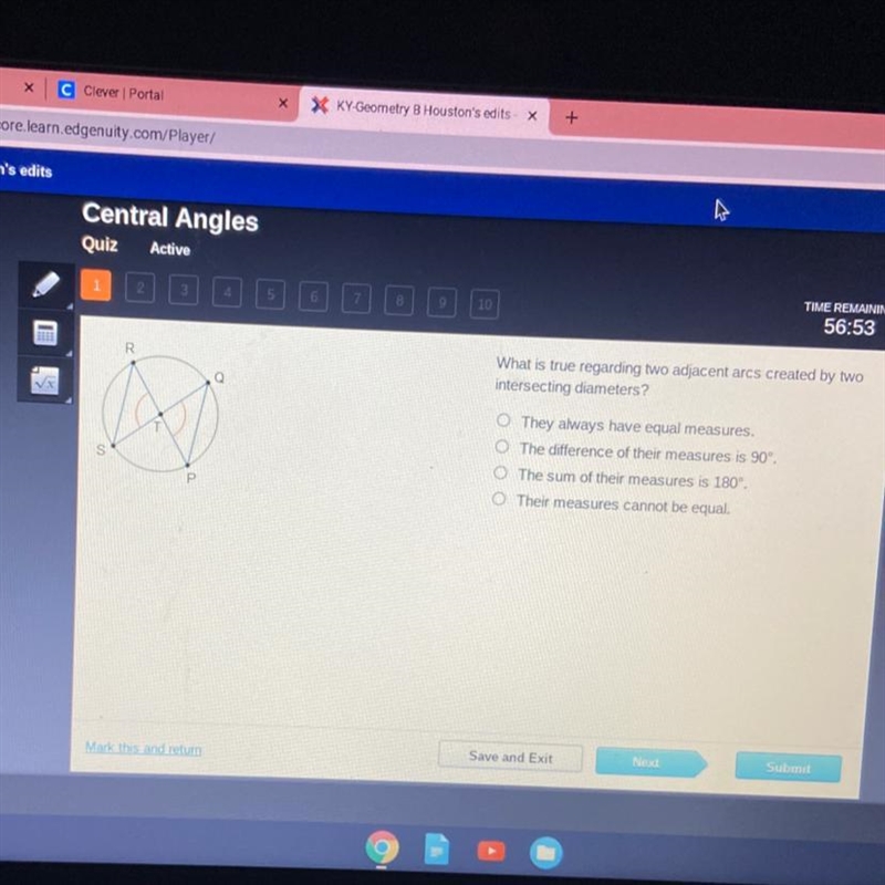 What is true regarding two adjacent arcs created by two intersecting diameters?-example-1