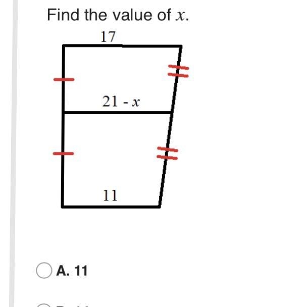 CAN SOMEONE PLEASE HELP ME! To find x ANSWERS A-(11) B-(14) C-(7) D-(3)-example-1