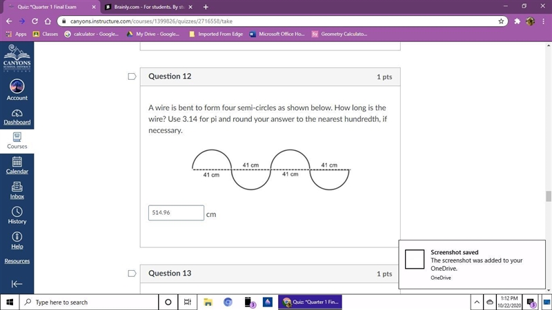 A wire is bent to form semi circles as shown below. How long is the wire? Use 3.14 for-example-1