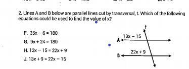 Line A and B are parallel lines cut by transversal, t which of the following equations-example-1