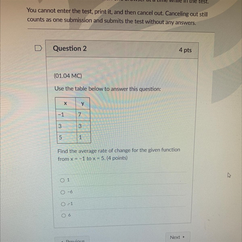 Find the average rate of change for the given function from x =-1 to x=5. (4 points-example-1