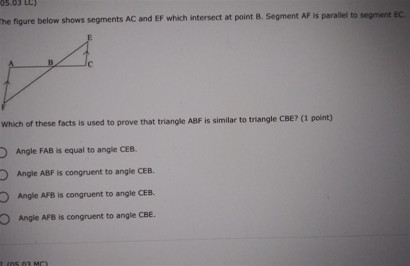 The figure below shows segments AC and EF which intersect at point B. ​-example-1