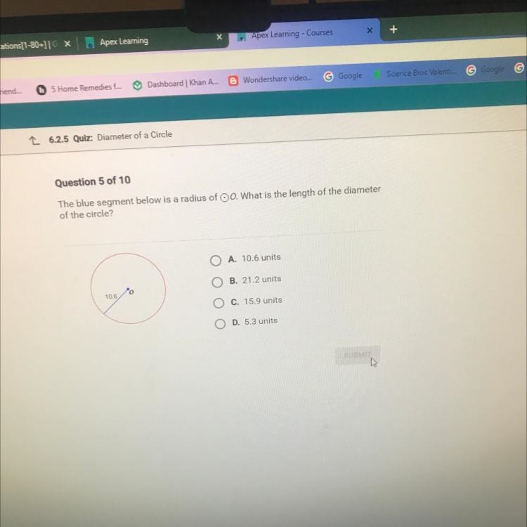 The blue segment below is a radius of o .What is the length of the diameter of the-example-1