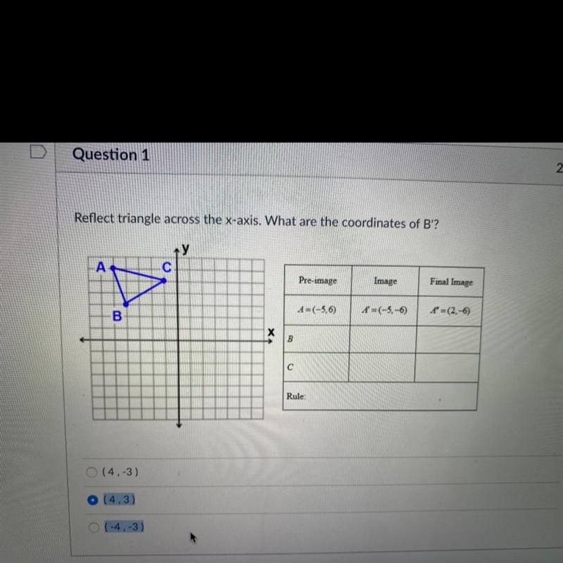 Reflect triangle across the x-axis. What are the coordinates of B'? у C A Pre-image-example-1