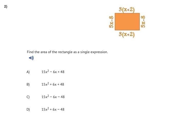 Find the area of the rectangle as a single expression. A) 15x2 − 6x + 48 B) 15x2 + 6x-example-1