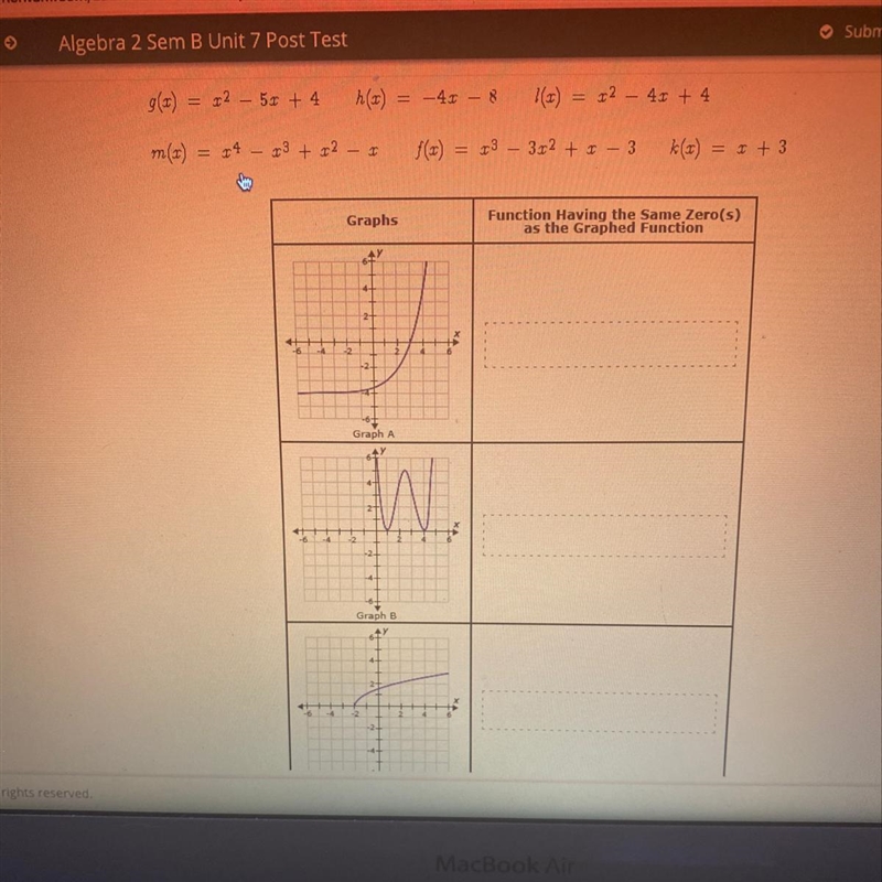 Match the provided functions to a graphed function with the same zero(s).-example-1