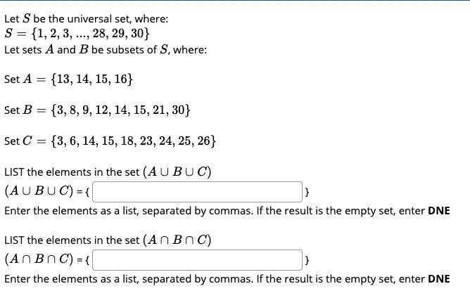 Let S be the universal set, where: S={1,2,3,...,28,29,30} Let sets A and B be subsets-example-1