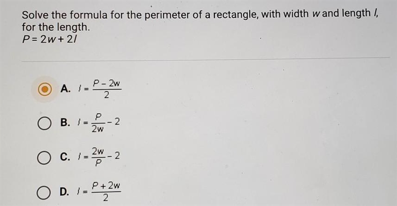 Solve the formula for the perimeter of a rectangle, with width w and length I, for-example-1