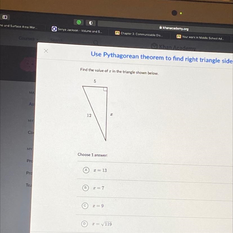 Find the value of x in the triangle shown below. 5 12 X-example-1