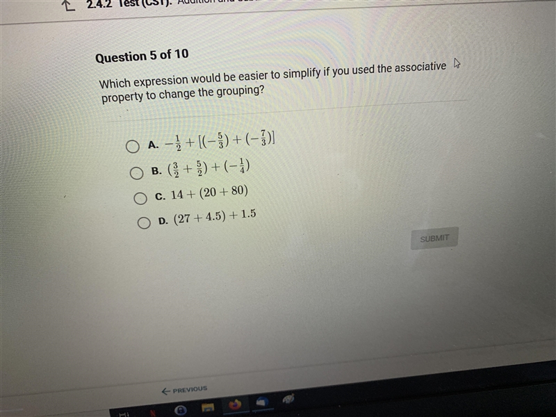 Which expression would be easier to simplify if you used the associative property-example-1