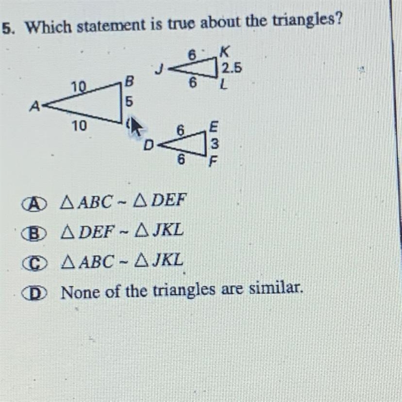 5. Which statement is true about the triangles?-example-1