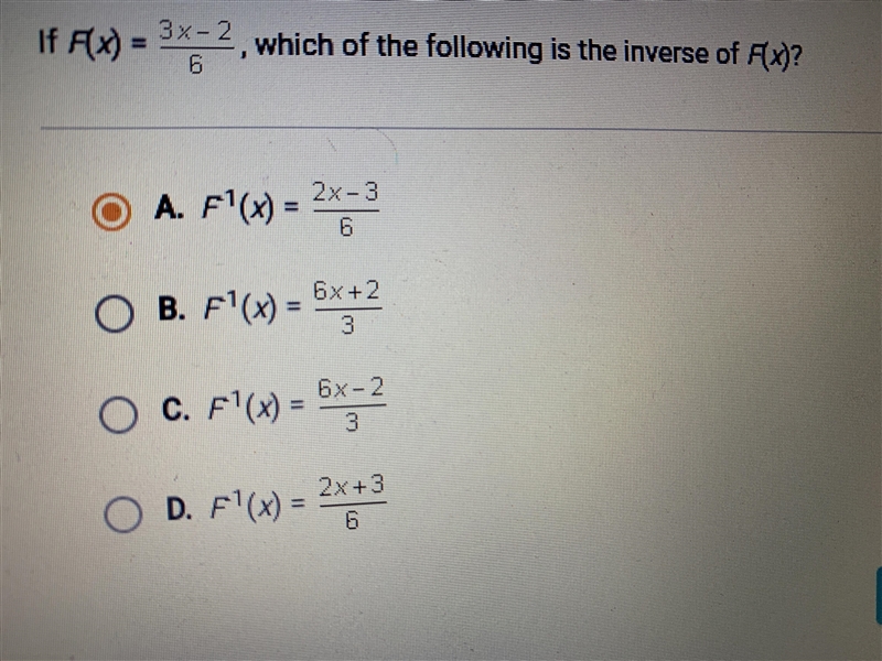 What is the inverse of f(x)=3x-2/6 ?-example-1