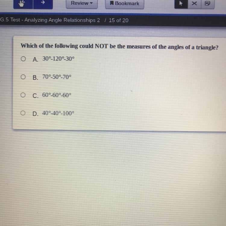 Which of the following could NOT be the measures of angle of a triangle?-example-1