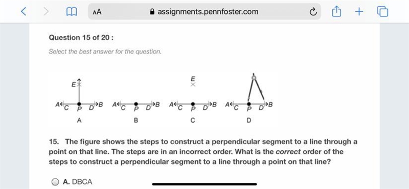 The figure shows the steps to construct a perpendicular segment to a line through-example-1