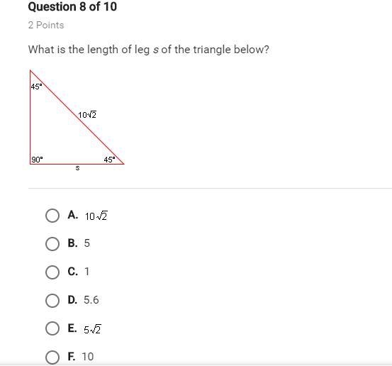 What is the length of leg s of the triangle below?-example-1