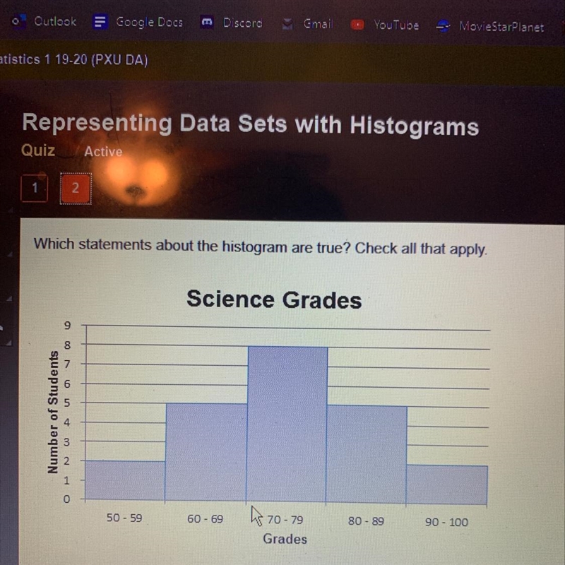 The histogram shows that nine students had grades of 80 or higher. The histogram shows-example-1