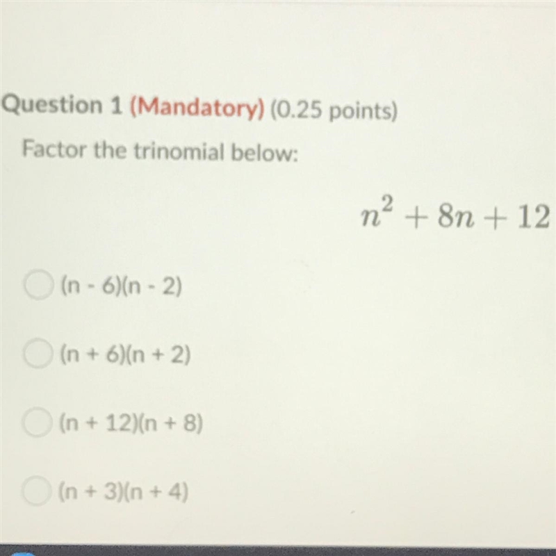 Factor the trinomial below: n2+8n+12-example-1