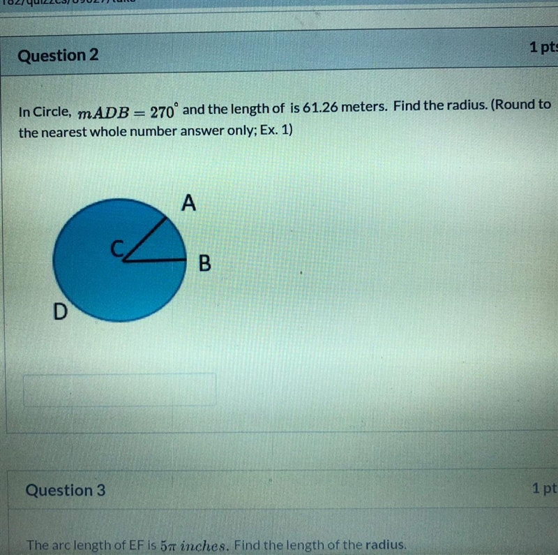 Find the radius if mADB=270° and length is 61.26 meters-example-1