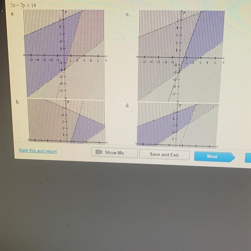 Solve the system of inequalities by graphing. 2x+ 5y <25 y < 3x - 2 5x - 7 &lt-example-1